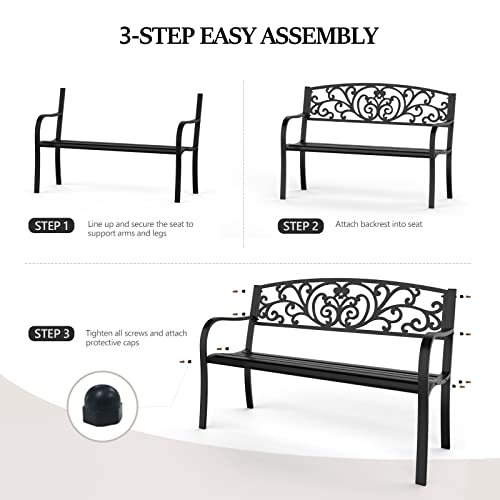 VINGLI Outdoor Bench for Patio Metal Garden Bench w/PVC Back Pattern, Black Park Bench Front Porch Bench for Yard Lawn Decor Deck Entryway (Floral)