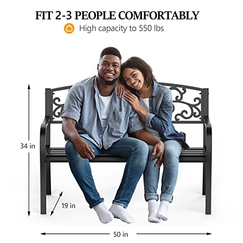 VINGLI Outdoor Bench for Patio Metal Garden Bench w/PVC Back Pattern, Black Park Bench Front Porch Bench for Yard Lawn Decor Deck Entryway (Floral)