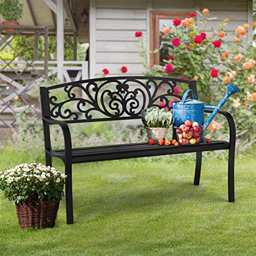 VINGLI Outdoor Bench for Patio Metal Garden Bench w/PVC Back Pattern, Black Park Bench Front Porch Bench for Yard Lawn Decor Deck Entryway (Floral)
