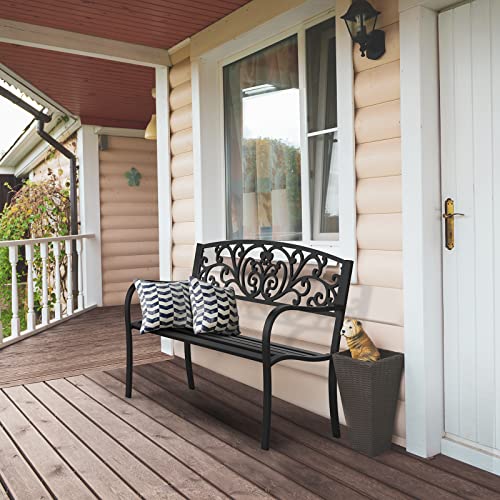VINGLI Outdoor Bench for Patio Metal Garden Bench w/PVC Back Pattern, Black Park Bench Front Porch Bench for Yard Lawn Decor Deck Entryway (Floral)
