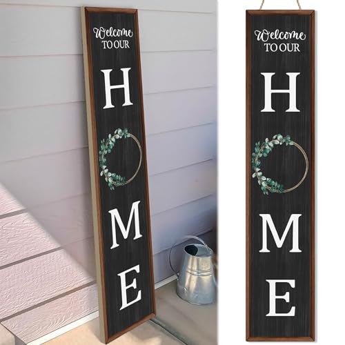 Welcome to Our Home Sign for Front Door Farmhouse Welcome Wooden Sign Rustic Porch Standing Hanging Large Welcome Wooden Sign for Farmhouse Home Front Door Yard Party Decor, 47.2in x 9.8in (Black)