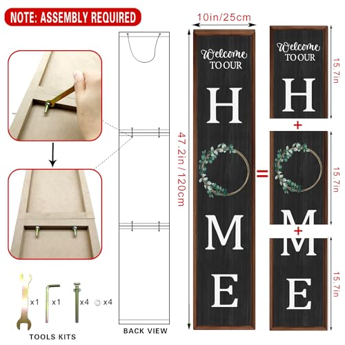 Welcome to Our Home Sign for Front Door Farmhouse Welcome Wooden Sign Rustic Porch Standing Hanging Large Welcome Wooden Sign for Farmhouse Home Front Door Yard Party Decor, 47.2in x 9.8in (Black)