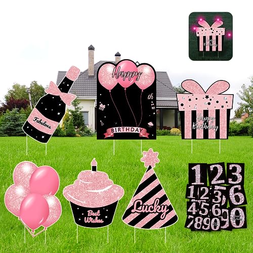 ComboJoy Happy Birthday Yard Signs with Stake - 6 PCS Black & Pink Lawn Signs, Personalized Ages,Sparkling At Night - Outdoor Lawn Decorations