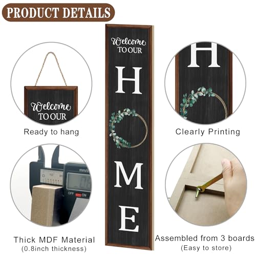Welcome to Our Home Sign for Front Door Farmhouse Welcome Wooden Sign Rustic Porch Standing Hanging Large Welcome Wooden Sign for Farmhouse Home Front Door Yard Party Decor, 47.2in x 9.8in (Black)