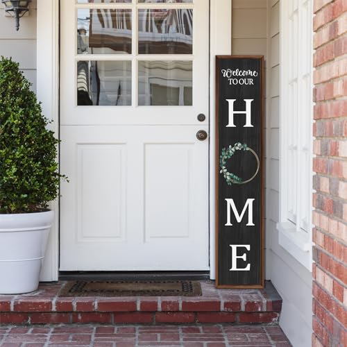 Welcome to Our Home Sign for Front Door Farmhouse Welcome Wooden Sign Rustic Porch Standing Hanging Large Welcome Wooden Sign for Farmhouse Home Front Door Yard Party Decor, 47.2in x 9.8in (Black)