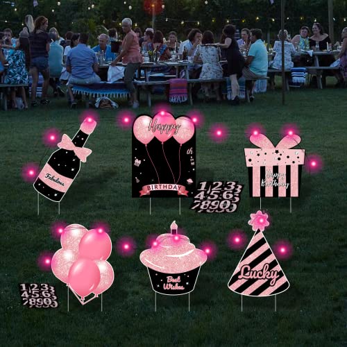 ComboJoy Happy Birthday Yard Signs with Stake - 6 PCS Black & Pink Lawn Signs, Personalized Ages,Sparkling At Night - Outdoor Lawn Decorations
