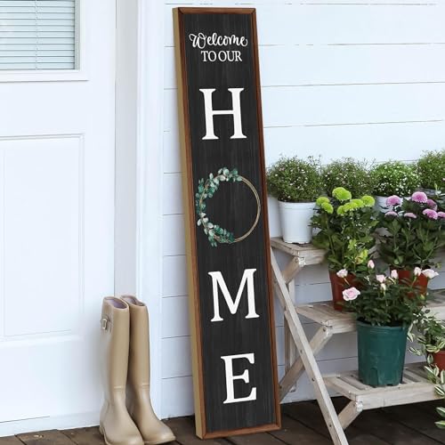 Welcome to Our Home Sign for Front Door Farmhouse Welcome Wooden Sign Rustic Porch Standing Hanging Large Welcome Wooden Sign for Farmhouse Home Front Door Yard Party Decor, 47.2in x 9.8in (Black)