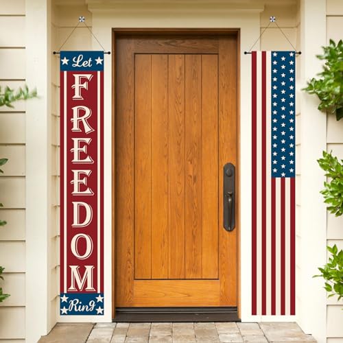 4th of July Decorations Outdoor,Let Freedom Ring Banners Red White and Blue Hanging American Patriotic Flag Indoor Front Door Porch Signs Independence Memorial Labor Day Garden Yard Lawn Party Decor