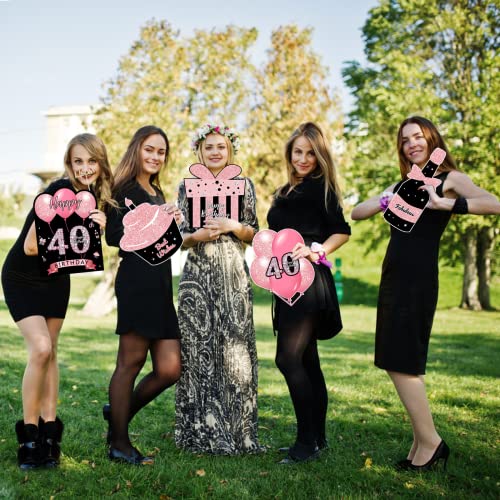 ComboJoy Happy Birthday Yard Signs with Stake - 6 PCS Black & Pink Lawn Signs, Personalized Ages,Sparkling At Night - Outdoor Lawn Decorations