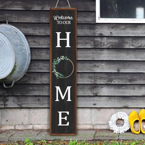 Welcome to Our Home Sign for Front Door Farmhouse Welcome Wooden Sign Rustic Porch Standing Hanging Large Welcome Wooden Sign for Farmhouse Home Front Door Yard Party Decor, 47.2in x 9.8in (Black)