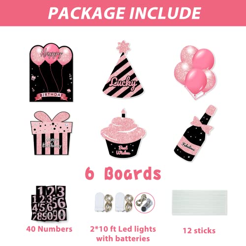 ComboJoy Happy Birthday Yard Signs with Stake - 6 PCS Black & Pink Lawn Signs, Personalized Ages,Sparkling At Night - Outdoor Lawn Decorations