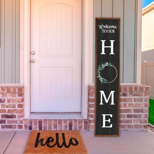 Welcome to Our Home Sign for Front Door Farmhouse Welcome Wooden Sign Rustic Porch Standing Hanging Large Welcome Wooden Sign for Farmhouse Home Front Door Yard Party Decor, 47.2in x 9.8in (Black)