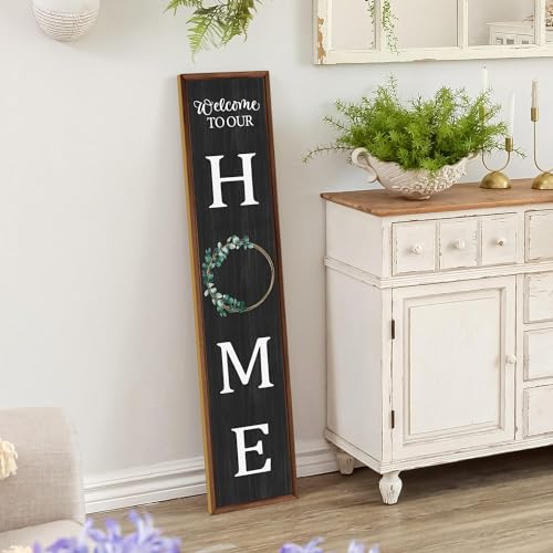 Welcome to Our Home Sign for Front Door Farmhouse Welcome Wooden Sign Rustic Porch Standing Hanging Large Welcome Wooden Sign for Farmhouse Home Front Door Yard Party Decor, 47.2in x 9.8in (Black)