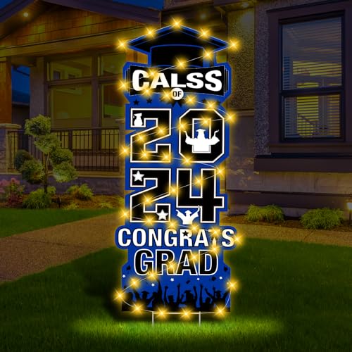 2024 Graduation Yard Sign Decorations with LED Light Blue Black Class of 2024 Lawn Signs with Stakes for High School College 2024 Congrats Graduation Party Outdoor Decoration Supplies