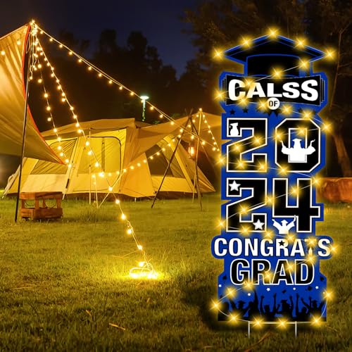2024 Graduation Yard Sign Decorations with LED Light Blue Black Class of 2024 Lawn Signs with Stakes for High School College 2024 Congrats Graduation Party Outdoor Decoration Supplies