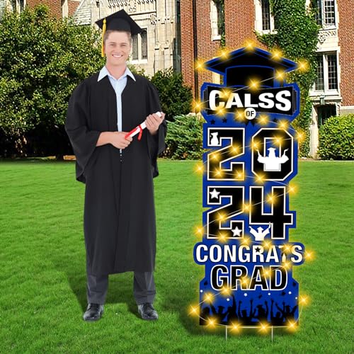 2024 Graduation Yard Sign Decorations with LED Light Blue Black Class of 2024 Lawn Signs with Stakes for High School College 2024 Congrats Graduation Party Outdoor Decoration Supplies