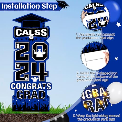 2024 Graduation Yard Sign Decorations with LED Light Blue Black Class of 2024 Lawn Signs with Stakes for High School College 2024 Congrats Graduation Party Outdoor Decoration Supplies