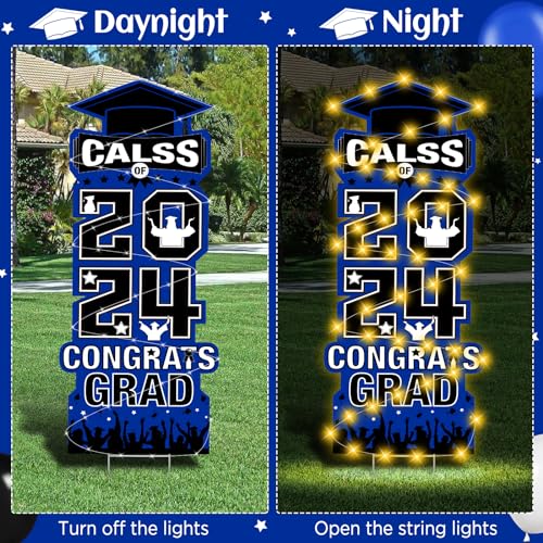2024 Graduation Yard Sign Decorations with LED Light Blue Black Class of 2024 Lawn Signs with Stakes for High School College 2024 Congrats Graduation Party Outdoor Decoration Supplies