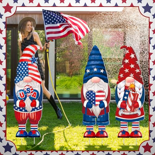 Umigy 3 Pcs 4th of July Yard Sign 32 x 10 Inch Patriotic Gnome Outdoor Sign with Stakes Independence Day Gnome Lawn Decor Memorial Day Yard Garden Decor Outside for Independence Day Party Supplies