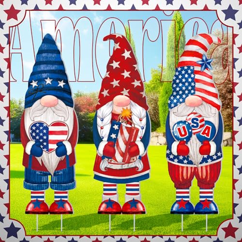 Umigy 3 Pcs 4th of July Yard Sign 32 x 10 Inch Patriotic Gnome Outdoor Sign with Stakes Independence Day Gnome Lawn Decor Memorial Day Yard Garden Decor Outside for Independence Day Party Supplies