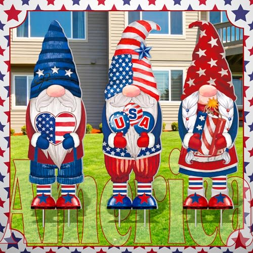 Umigy 3 Pcs 4th of July Yard Sign 32 x 10 Inch Patriotic Gnome Outdoor Sign with Stakes Independence Day Gnome Lawn Decor Memorial Day Yard Garden Decor Outside for Independence Day Party Supplies
