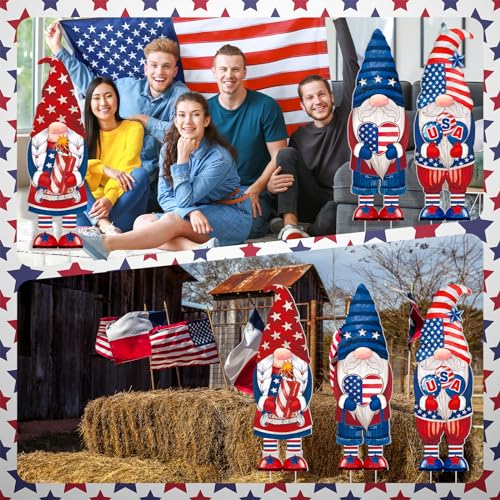 Umigy 3 Pcs 4th of July Yard Sign 32 x 10 Inch Patriotic Gnome Outdoor Sign with Stakes Independence Day Gnome Lawn Decor Memorial Day Yard Garden Decor Outside for Independence Day Party Supplies