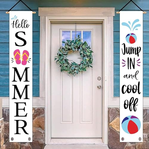 GPGHE Summer Door Banner Flip Flops Water Polo Porch Sign Hello Summer Jump In and Cool Off Hanging Flag Seasonal Holiday Home Party Deocrations Yard Front Door Decor 12 x 71 Inch