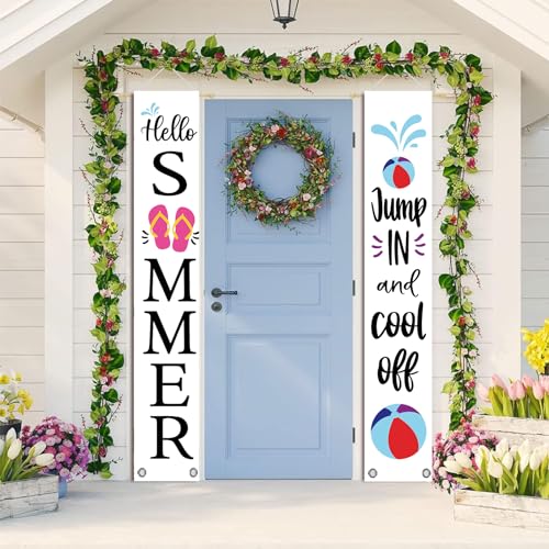 GPGHE Summer Door Banner Flip Flops Water Polo Porch Sign Hello Summer Jump In and Cool Off Hanging Flag Seasonal Holiday Home Party Deocrations Yard Front Door Decor 12 x 71 Inch
