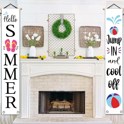 GPGHE Summer Door Banner Flip Flops Water Polo Porch Sign Hello Summer Jump In and Cool Off Hanging Flag Seasonal Holiday Home Party Deocrations Yard Front Door Decor 12 x 71 Inch
