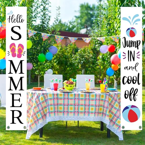 GPGHE Summer Door Banner Flip Flops Water Polo Porch Sign Hello Summer Jump In and Cool Off Hanging Flag Seasonal Holiday Home Party Deocrations Yard Front Door Decor 12 x 71 Inch