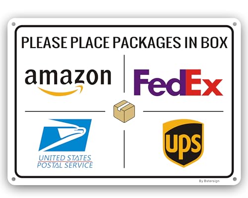 Package Delivery Sign for Outside, Home Box - Metal Aluminum Rust Free - 7" x 10" Heavy Duty Front Door Office Business Yard, Pre-Drilled Holes, Weather Resistant.