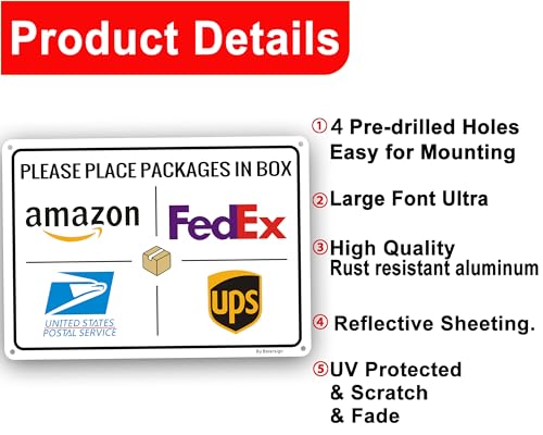 Package Delivery Sign for Outside, Home Box - Metal Aluminum Rust Free - 7" x 10" Heavy Duty Front Door Office Business Yard, Pre-Drilled Holes, Weather Resistant.