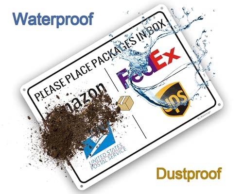 Package Delivery Sign for Outside, Home Box - Metal Aluminum Rust Free - 7" x 10" Heavy Duty Front Door Office Business Yard, Pre-Drilled Holes, Weather Resistant.