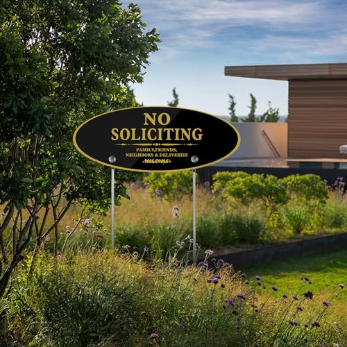 Lioeerbo No Soliciting Yard Sign with Stakes - 12" x 5" x 20" - UV Coated Aluminum - Weatherproof and Fade Resistant - Welcome Family, Friends, Neighbors and Delivery Persons