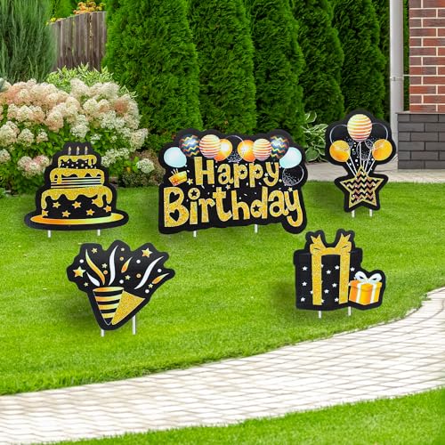5Pcs Happy Birthday Yard Signs with Stakes Waterproof Lawn Sign Black Gold Yard Sign Balloons Cake Gift Box Outdoor Happy Birthday Party Decorations for Garden Courtyard Home Supplies Photo Props
