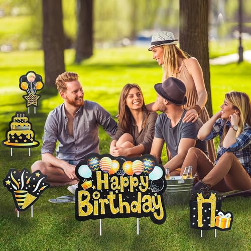 5Pcs Happy Birthday Yard Signs with Stakes Waterproof Lawn Sign Black Gold Yard Sign Balloons Cake Gift Box Outdoor Happy Birthday Party Decorations for Garden Courtyard Home Supplies Photo Props