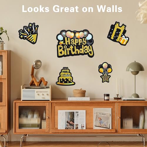 5Pcs Happy Birthday Yard Signs with Stakes Waterproof Lawn Sign Black Gold Yard Sign Balloons Cake Gift Box Outdoor Happy Birthday Party Decorations for Garden Courtyard Home Supplies Photo Props
