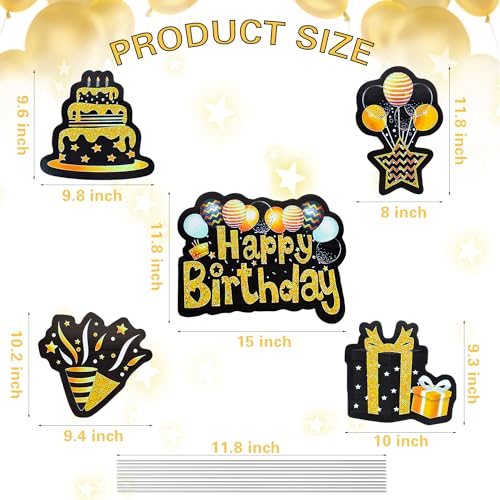 5Pcs Happy Birthday Yard Signs with Stakes Waterproof Lawn Sign Black Gold Yard Sign Balloons Cake Gift Box Outdoor Happy Birthday Party Decorations for Garden Courtyard Home Supplies Photo Props