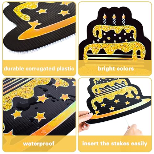 5Pcs Happy Birthday Yard Signs with Stakes Waterproof Lawn Sign Black Gold Yard Sign Balloons Cake Gift Box Outdoor Happy Birthday Party Decorations for Garden Courtyard Home Supplies Photo Props