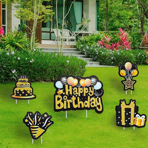 5Pcs Happy Birthday Yard Signs with Stakes Waterproof Lawn Sign Black Gold Yard Sign Balloons Cake Gift Box Outdoor Happy Birthday Party Decorations for Garden Courtyard Home Supplies Photo Props