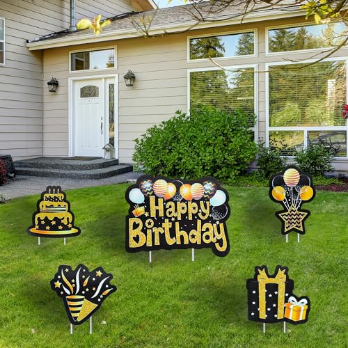 5Pcs Happy Birthday Yard Signs with Stakes Waterproof Lawn Sign Black Gold Yard Sign Balloons Cake Gift Box Outdoor Happy Birthday Party Decorations for Garden Courtyard Home Supplies Photo Props