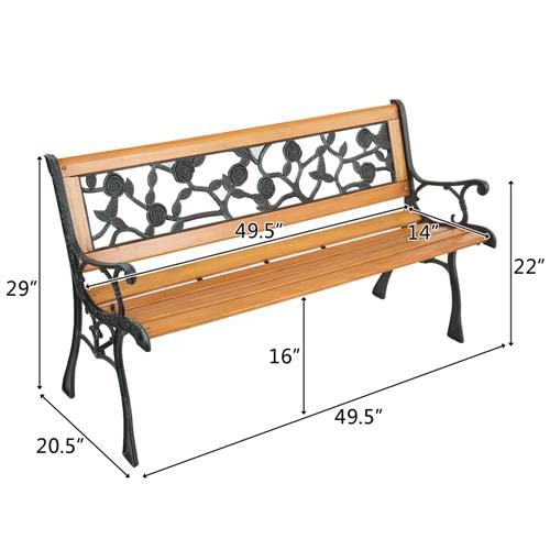 Outvita 49.5in Garden Bench, Deck Hardwood Seat and Metal Armrest Park Bench for Patio Front Porch Path Yard Lawn Poolside (Rose)