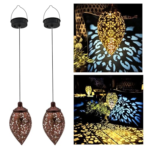 Evolving Modern Solar Outdoor Lanterns- Hanging Lights, Set of 2 Moroccan Style Garden Party Decorative Rechargeable Lantern, Hurricane Lamps are Great for Front Porch, Patio and Yard