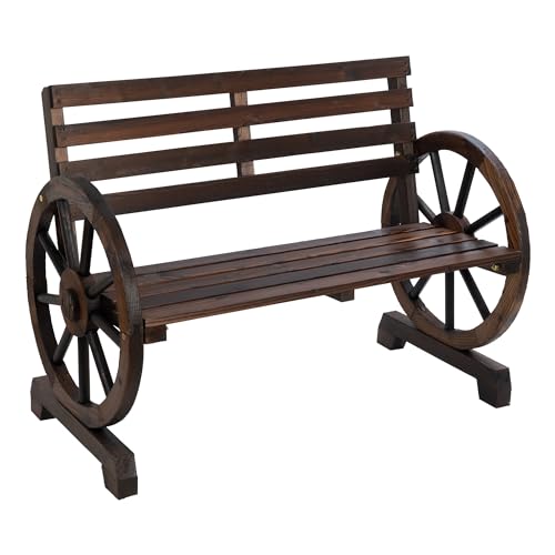 pnochoo SULIVES Wooden Wagon Wheel Outdoor Benches Furniture wheatherproof,2 Person Outdoor Front Porch Furniture with Outdoor Decor,Rustic Backyard Patio Bench for Outside,Carbonized