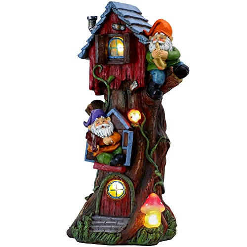 TERESA'S COLLECTIONS 11" Tall Large Garden Statues Gnome Treehouse with Solar Outdoor Light, Garden Sculptures Statues Figurines Resin Lawn Ornaments Patio Yard Decor Gifts for Dad Birthday