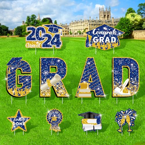 2024 Graduation Yard Sign Decorations Blue Gold Congrats Grad Class of 2024 Lawn Signs with Stakes for High School College 2024 Congrats Graduation Outdoor Party Decoration Supplies