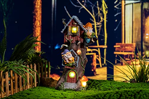 TERESA'S COLLECTIONS 11" Tall Large Garden Statues Gnome Treehouse with Solar Outdoor Light, Garden Sculptures Statues Figurines Resin Lawn Ornaments Patio Yard Decor Gifts for Dad Birthday