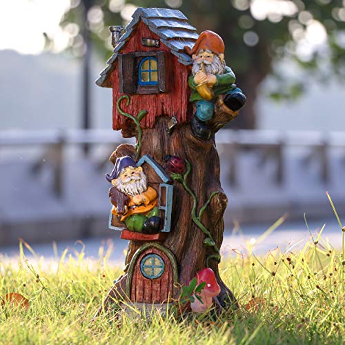 TERESA'S COLLECTIONS 11" Tall Large Garden Statues Gnome Treehouse with Solar Outdoor Light, Garden Sculptures Statues Figurines Resin Lawn Ornaments Patio Yard Decor Gifts for Dad Birthday