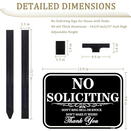 Large No Soliciting Sign With Stake, 14x10 Inch/37 Inch Long Adjustable Height,Metal Aluminum Signs Outdoor No Soliciting Yard Signs for House/Front Door and Business