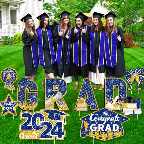2024 Graduation Yard Sign Decorations Blue Gold Congrats Grad Class of 2024 Lawn Signs with Stakes for High School College 2024 Congrats Graduation Outdoor Party Decoration Supplies